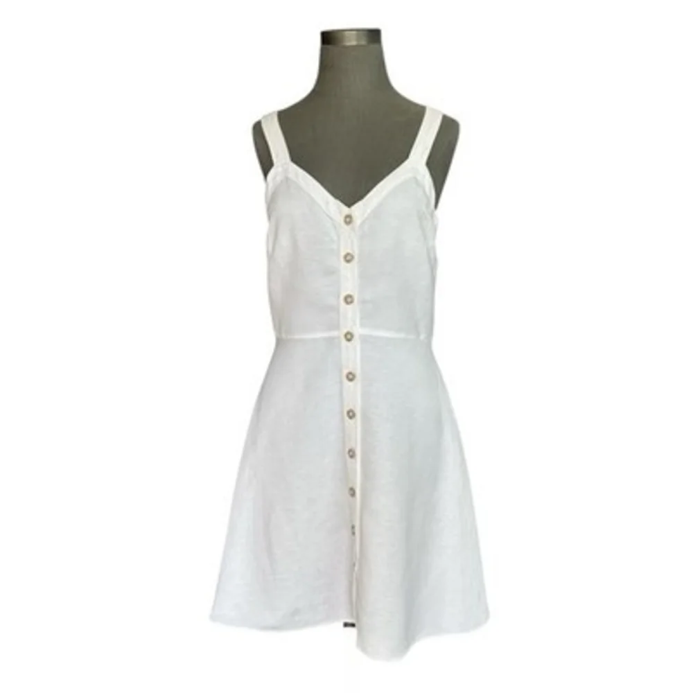 LOFT Sweetheart Button Front Flare Dress White Linen Blend Dress Size 2 NWT